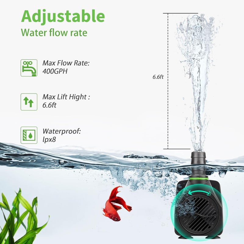 FREESEA Submersible Aquarium Fountain Pump: 400GPH 25W Adjustable Ultra Quiet Small Fish Tank Water Pump with 5ft Tubing for Outdoor | Pond | Hydroponic | Waterfall - Image 2